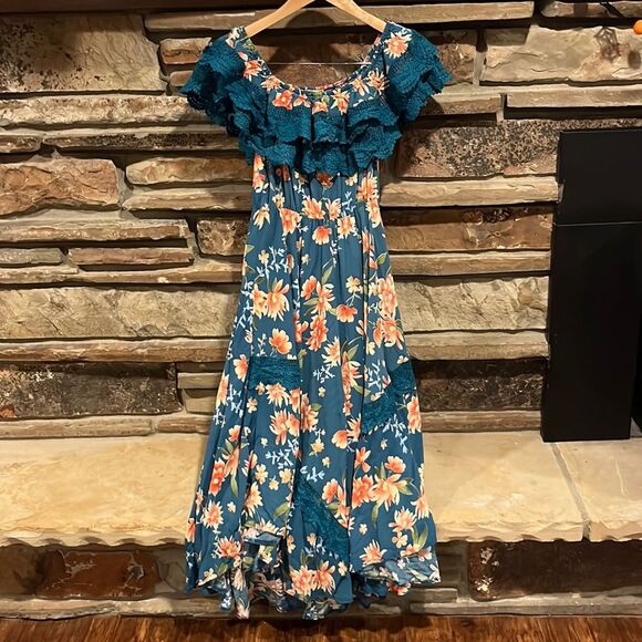 Jaase Dresses & Skirts - Jaase Positano Tuscan Escape Teal Floral Lace Maxi Dress